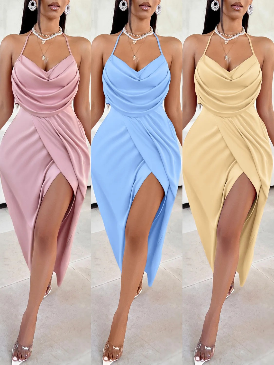 camisole pleated slit dress