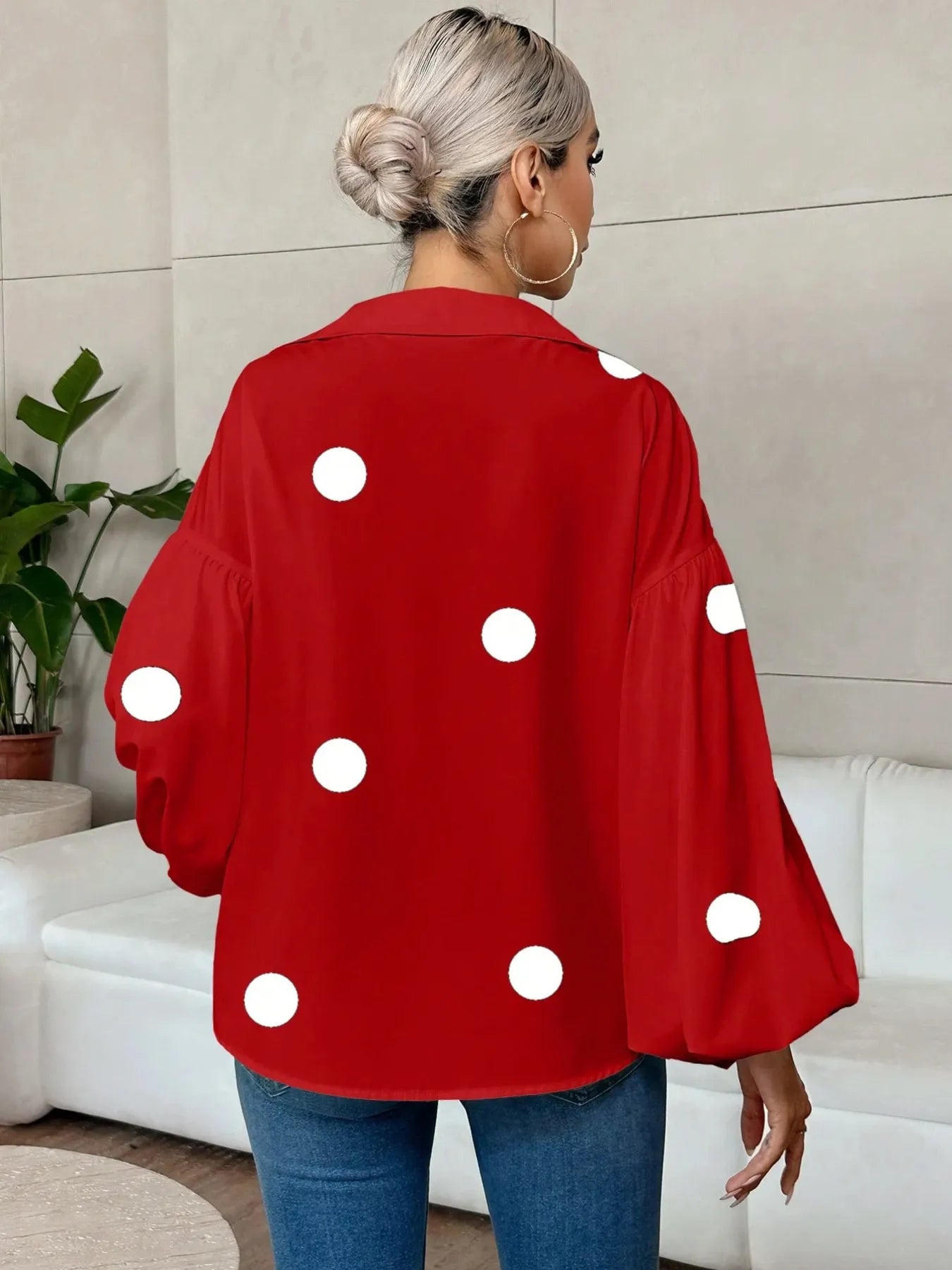 Polka Dot Balloon Sleeve Blouse
