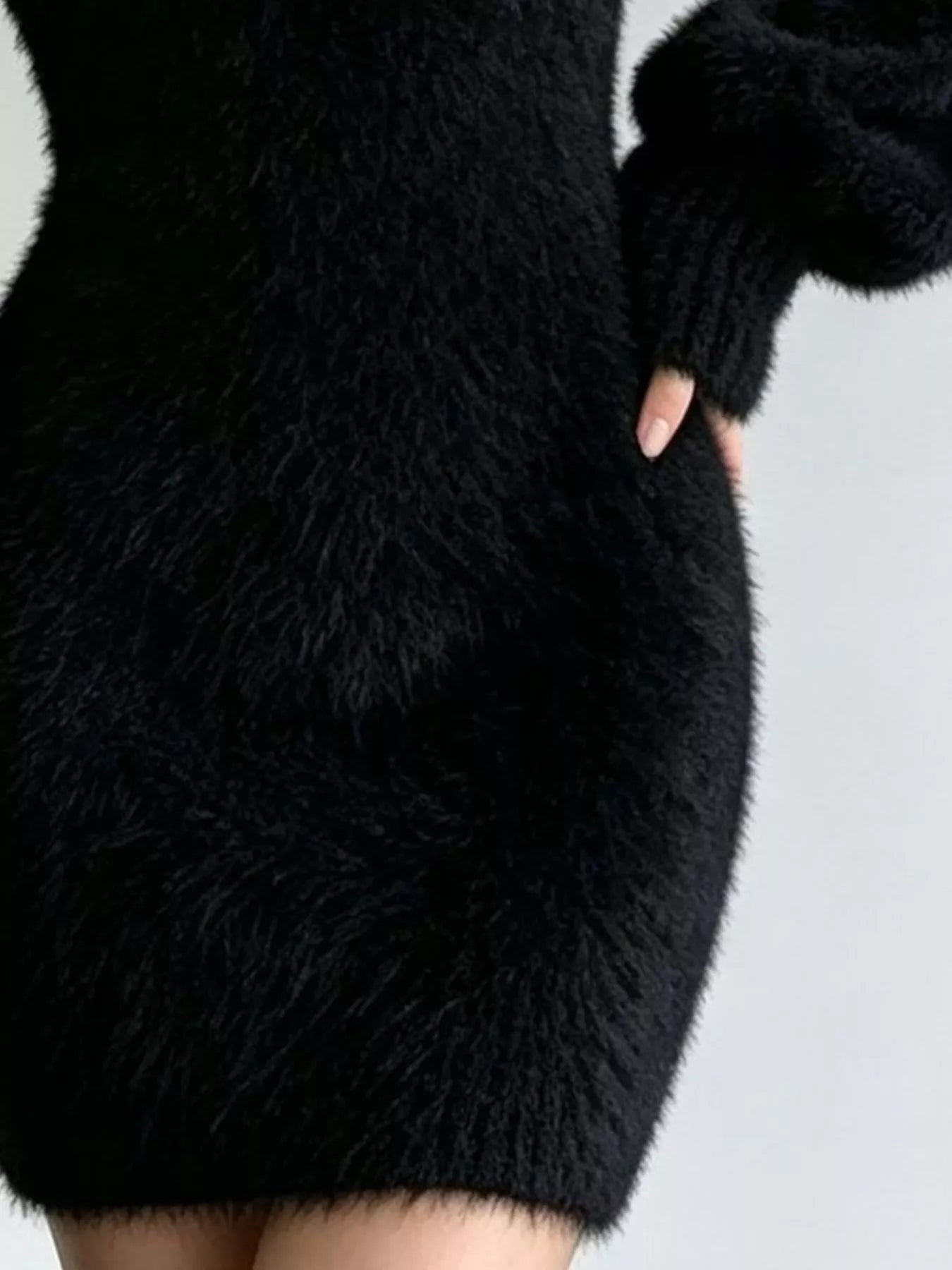 V-Neck Fuzzy Knit Sweater Dress