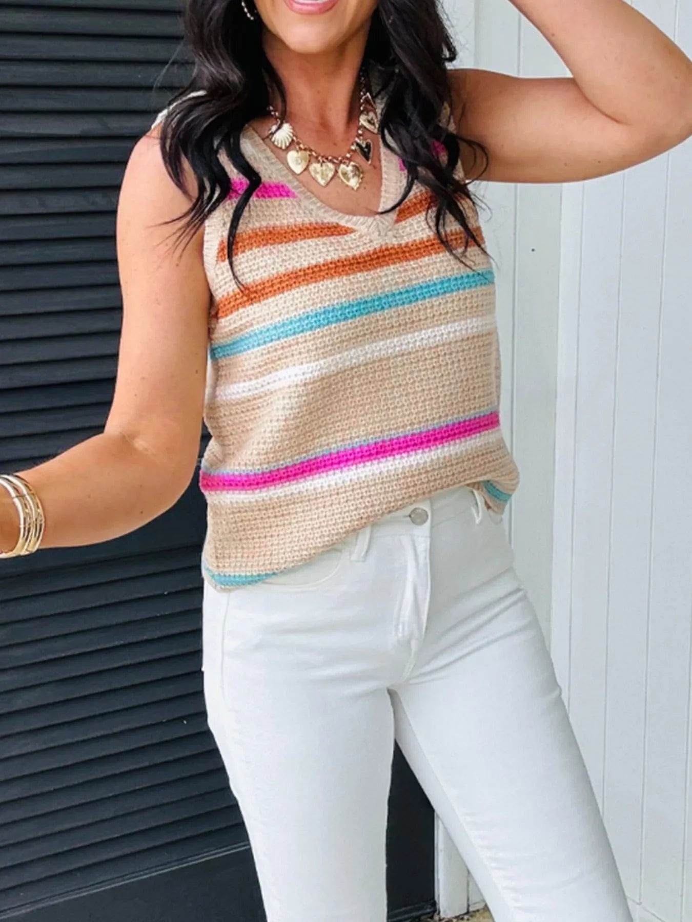 Striped Knit V-Neck Sweater Vest