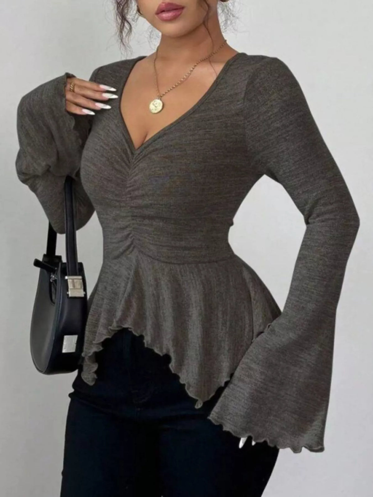 Ruched Flared Sleeves Peplum Top