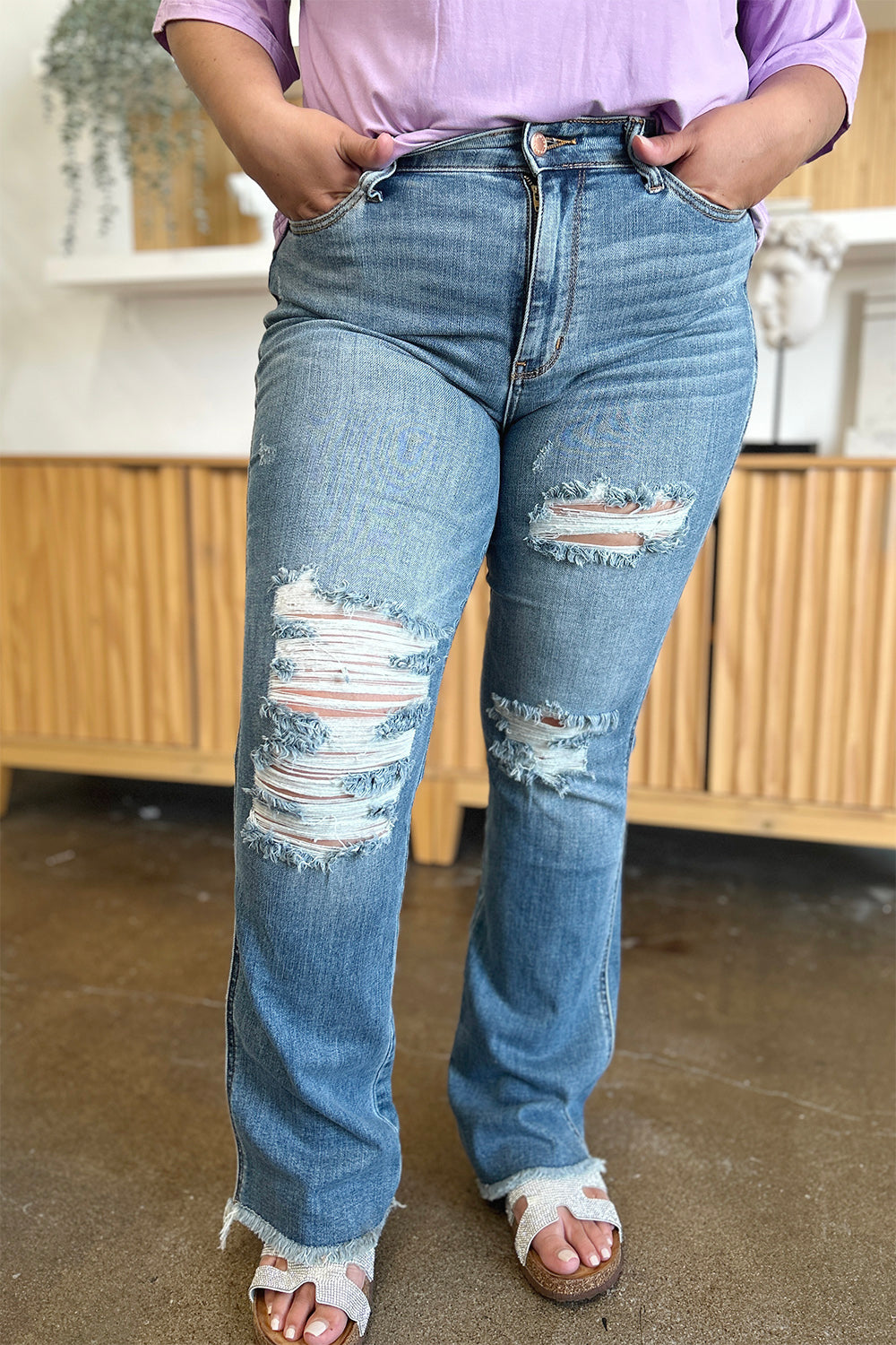 Distressed Raw Hem Bootcut Jeans