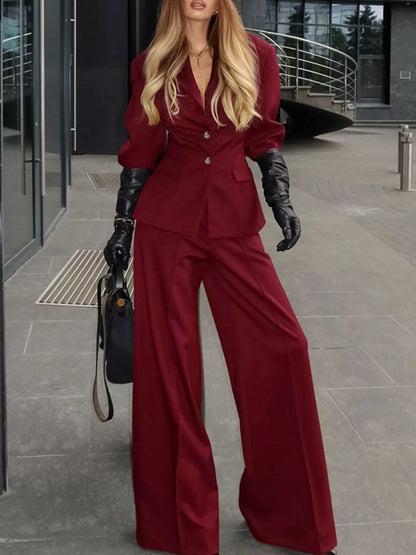 Lapel Collar Blazer and Wide-Leg Pants Set
