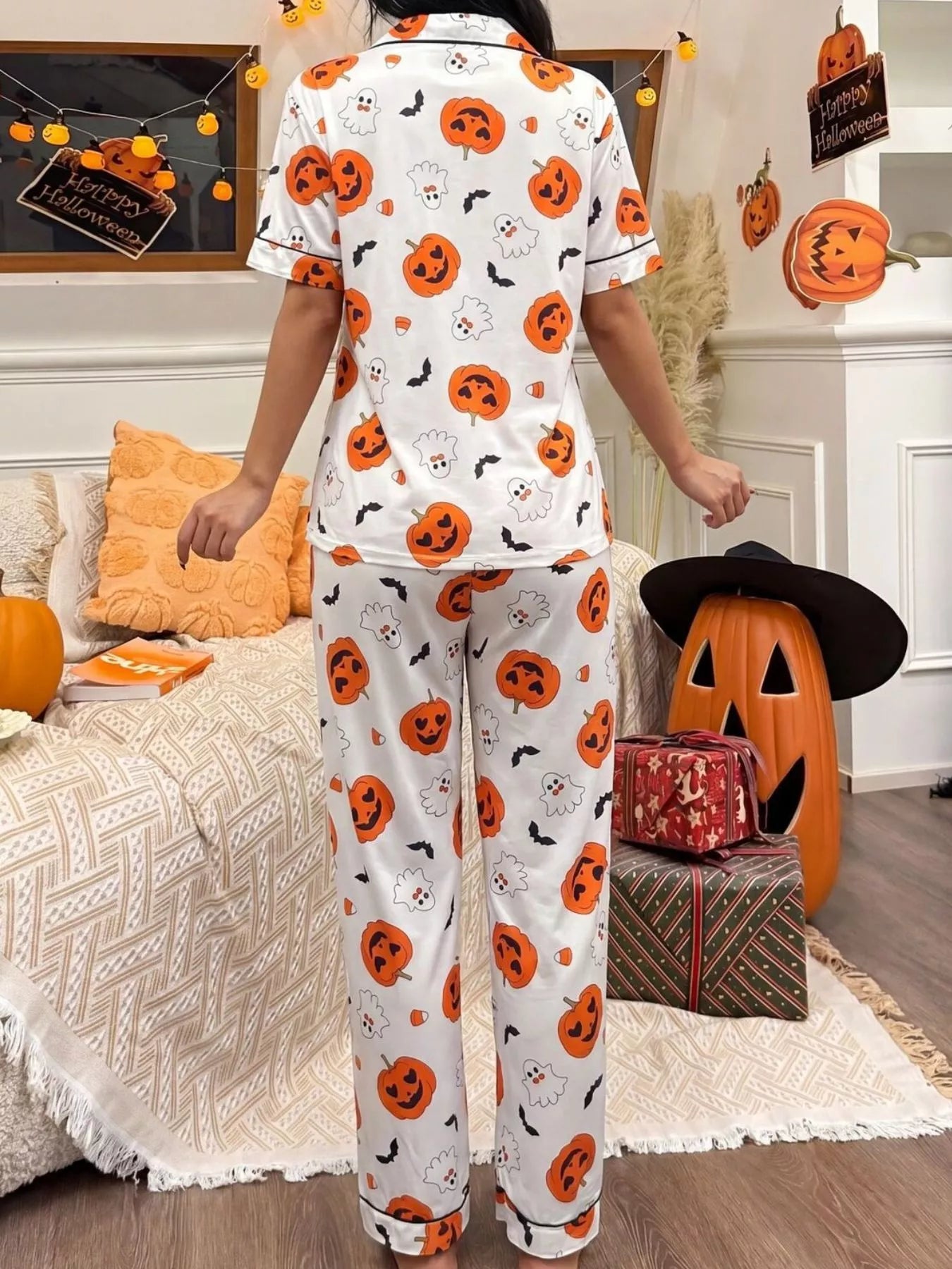 Halloween Pumpkin Print Button-Down Top and Pants Set