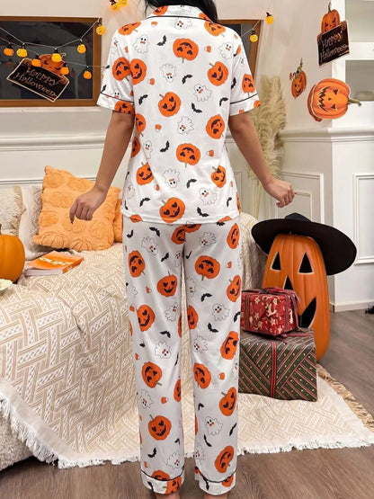 Halloween Pumpkin Print Button-Down Top and Pants Set