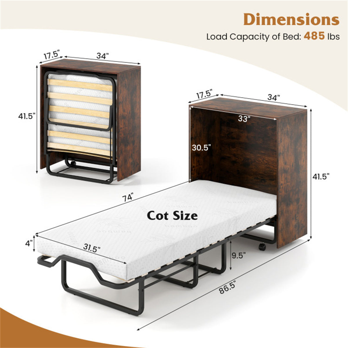 Rustic Brown Mobile Murphy Bed Cabinet