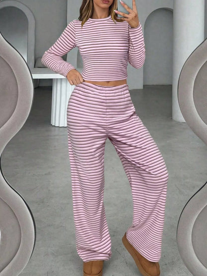 Striped Long Sleeve Crop Top and Wide Leg Pants Set