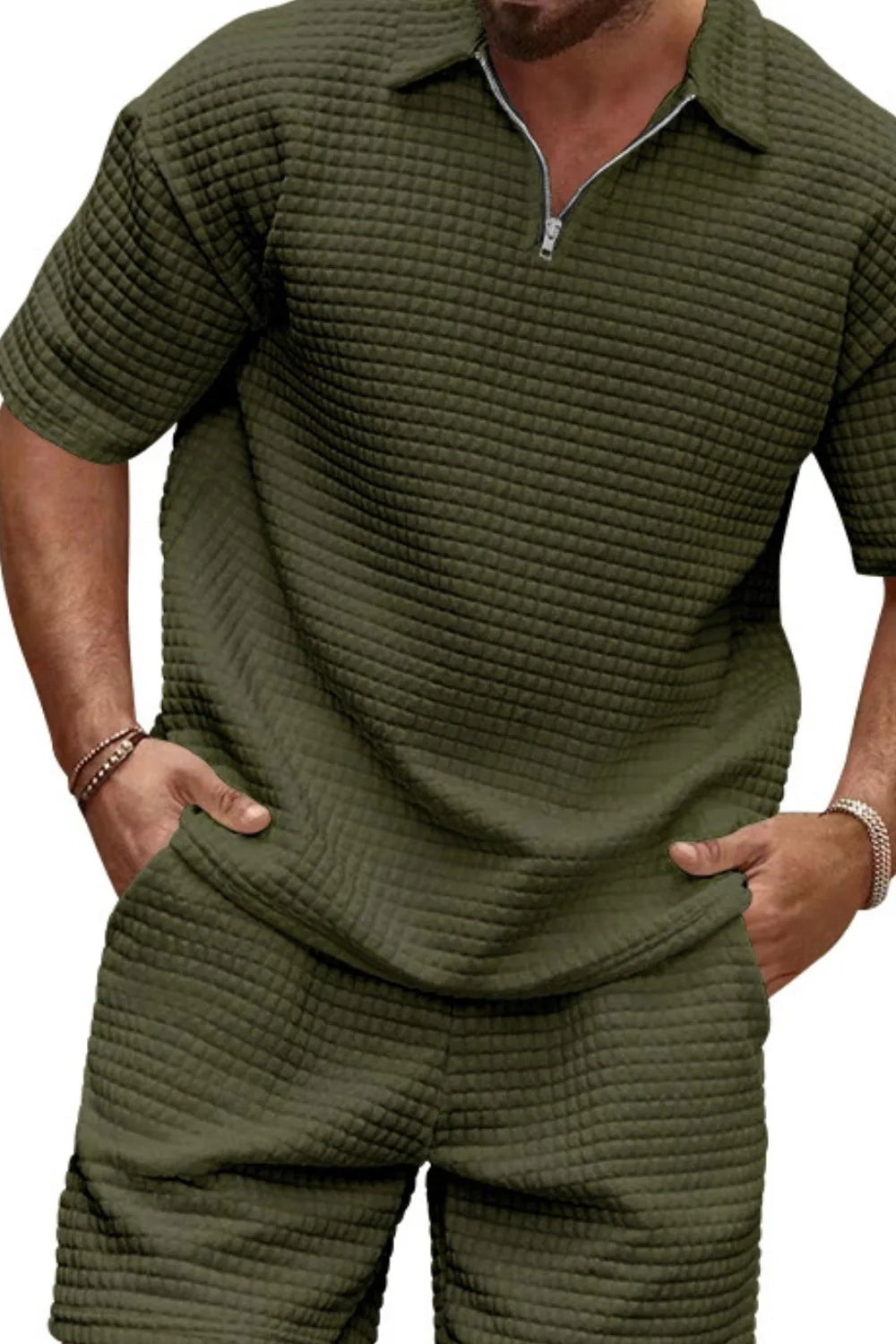 Men's Zip Collar Short Sleeve Top and Shorts Set