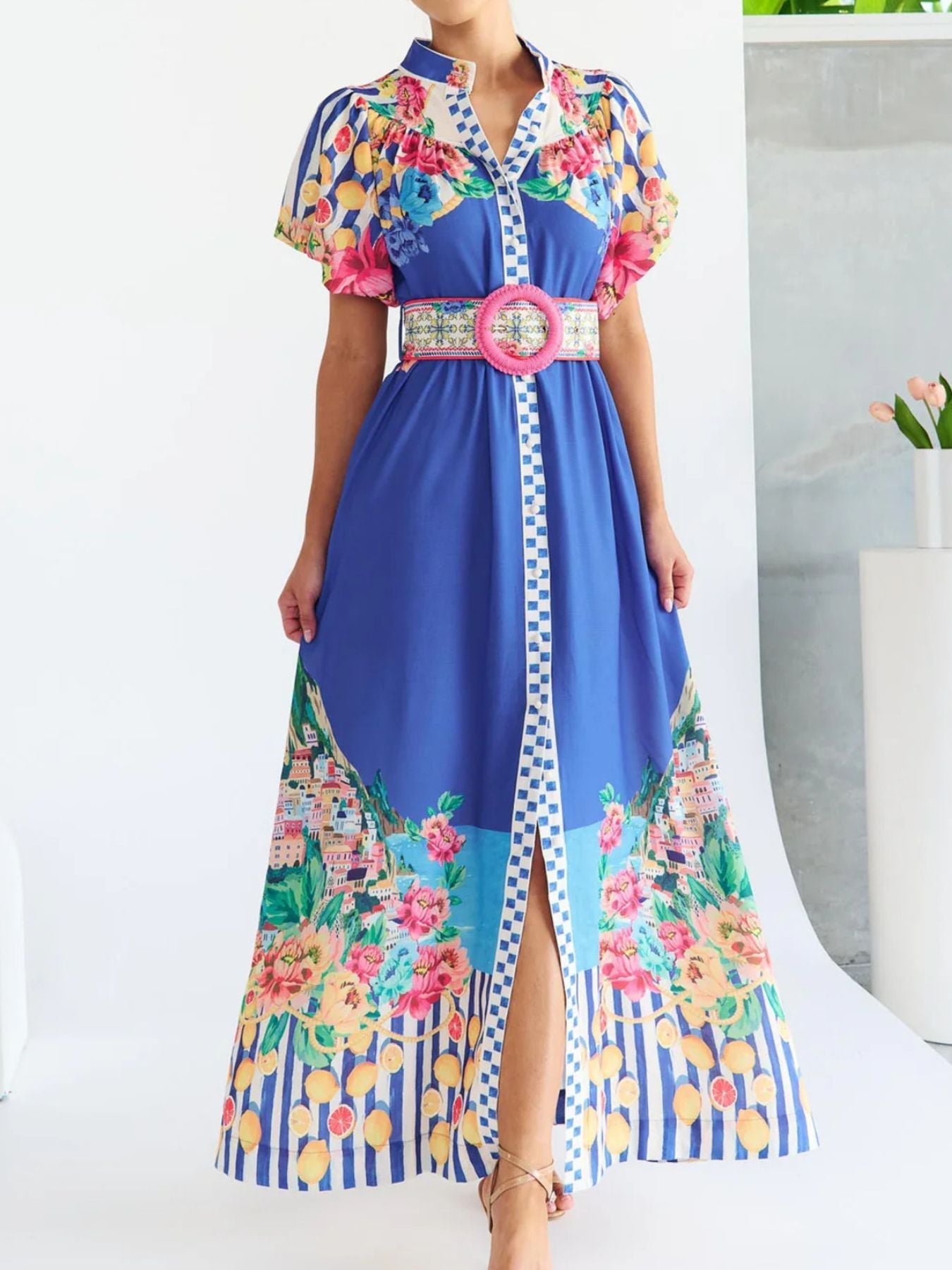 Printed Button Front Puff Sleeve Dress