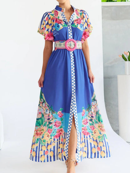 Printed Button Front Puff Sleeve Dress