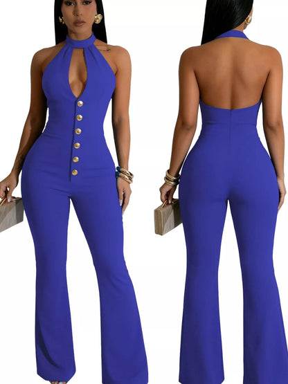 Halter Neck Cut-Out Flare Jumpsuit with Button Detail