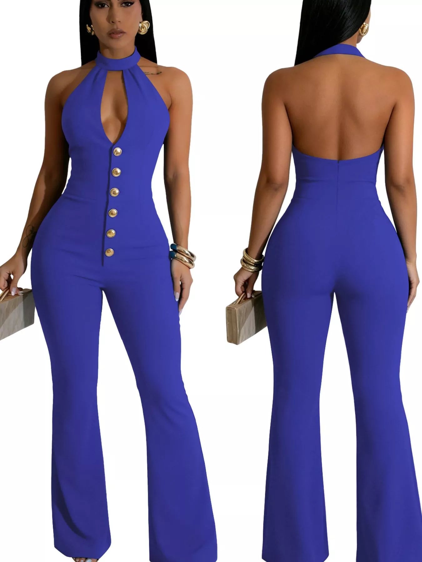 Halter Neck Cut-Out Flare Jumpsuit with Button Detail