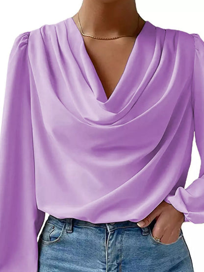 Full Size Cowl Neck Balloon Sleeve Blouse