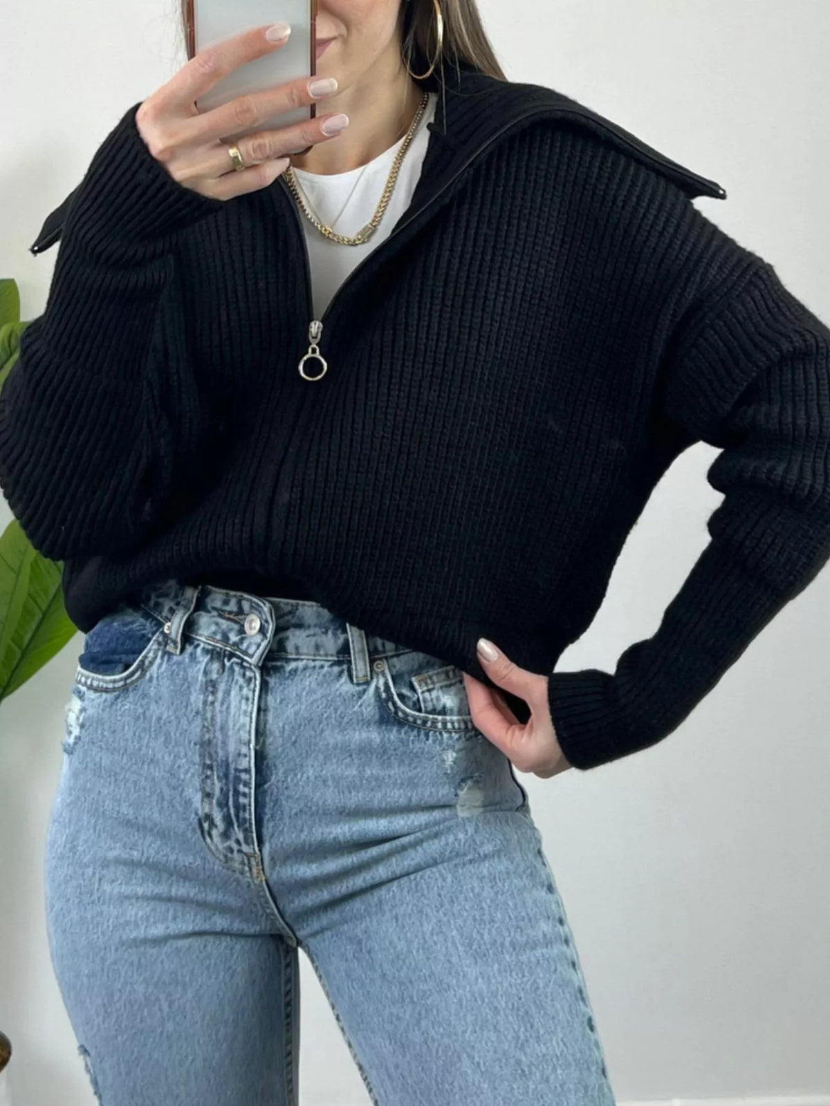 Zip Up Dropped Shoulder Cardigan