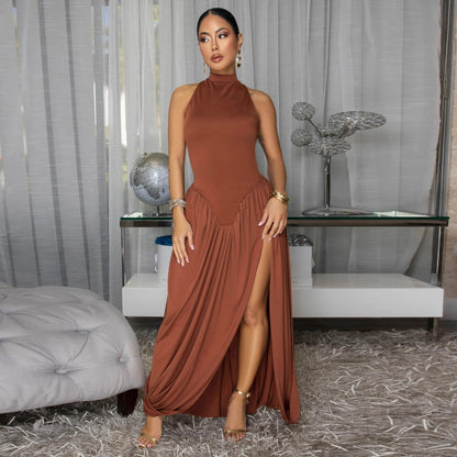 Half high neck sleeveless dress with slit skirt