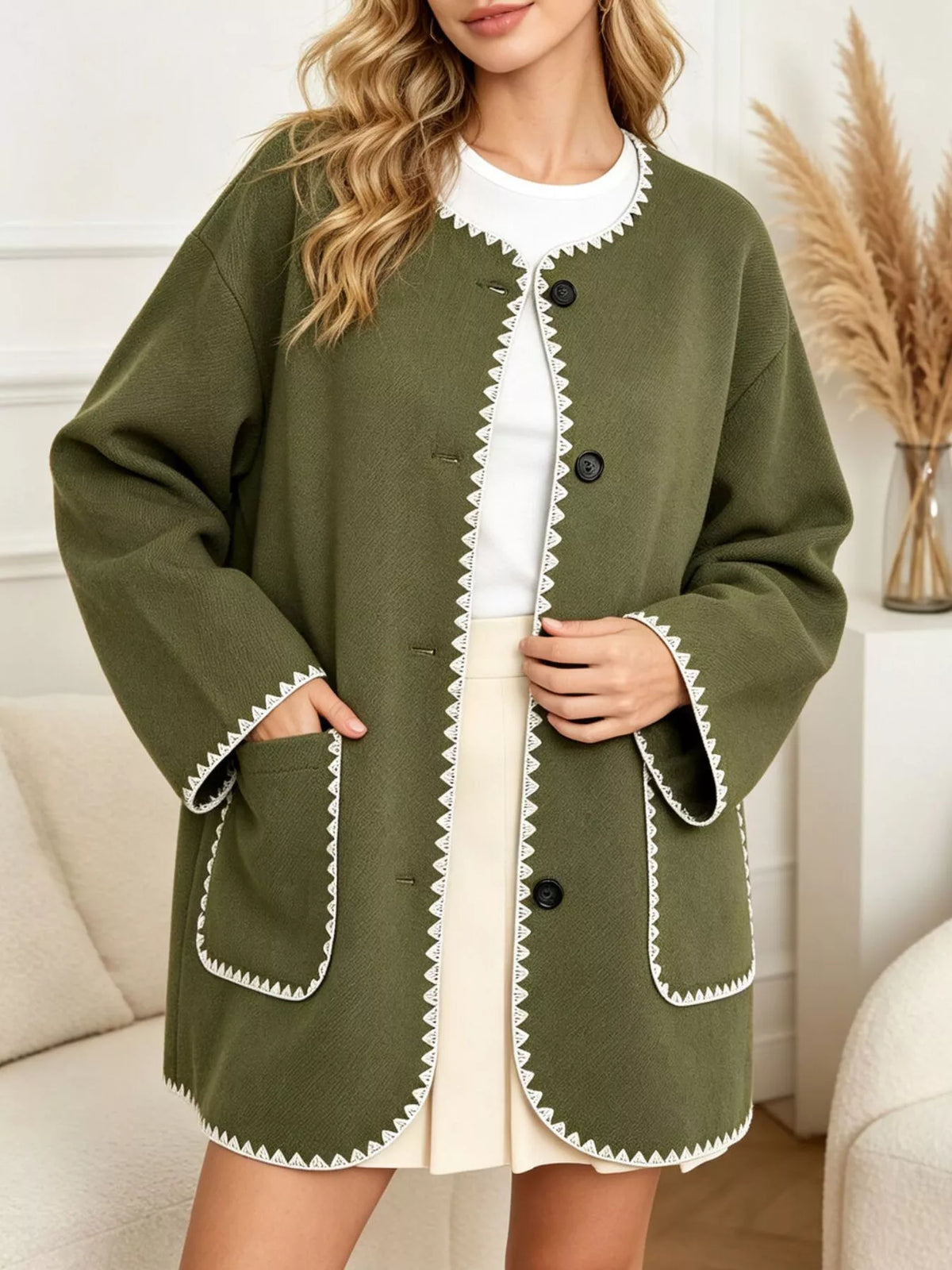 Army green button-front jacket with contrast stitching