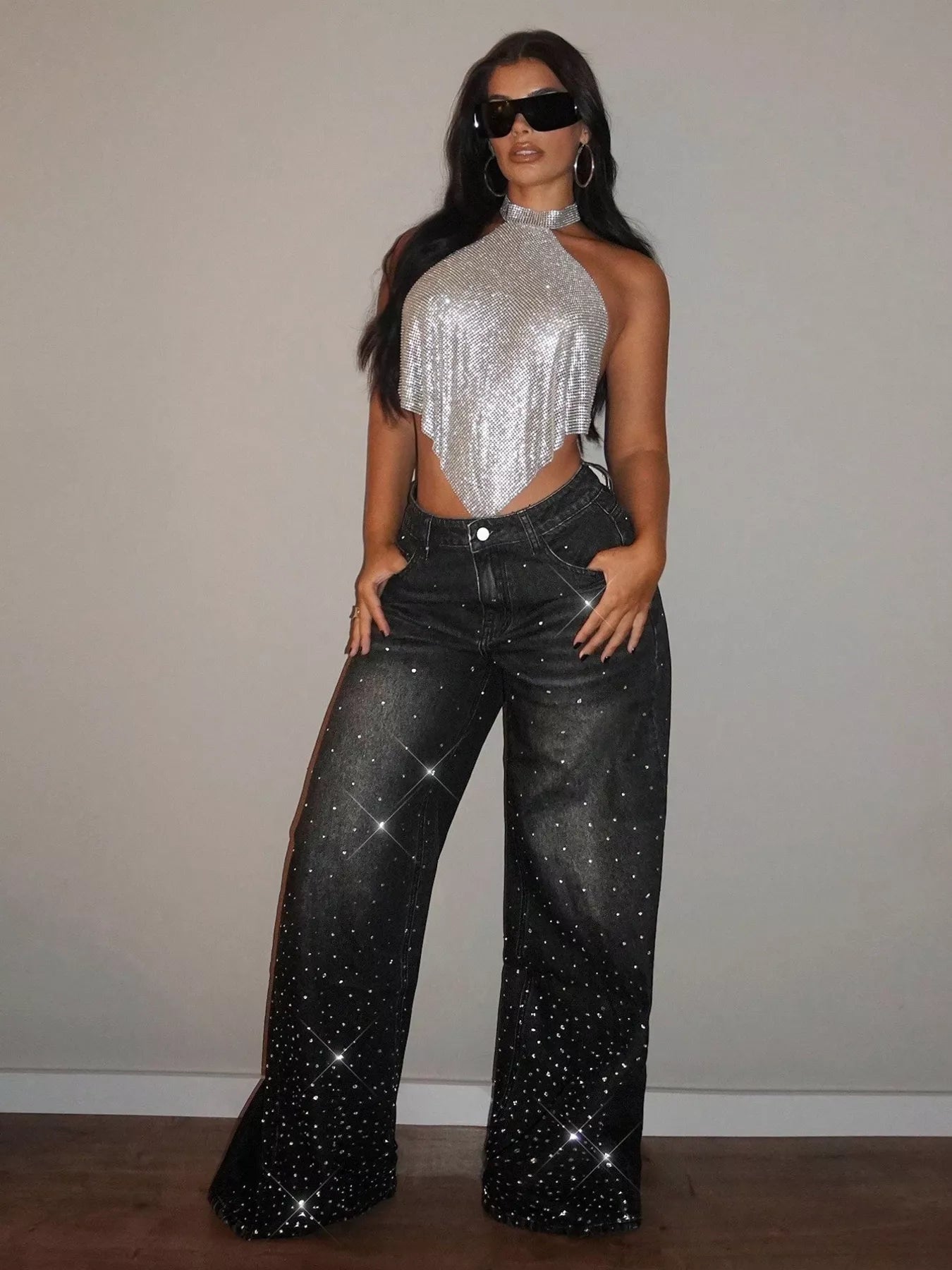 Rhinestone Wide-Leg Jeans
