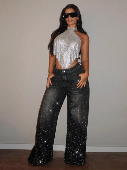 Rhinestone Wide-Leg Jeans