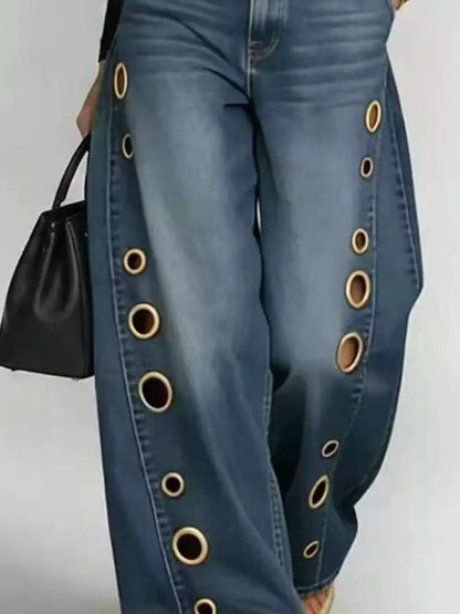 Wide Leg Jeans with Eyelet Details