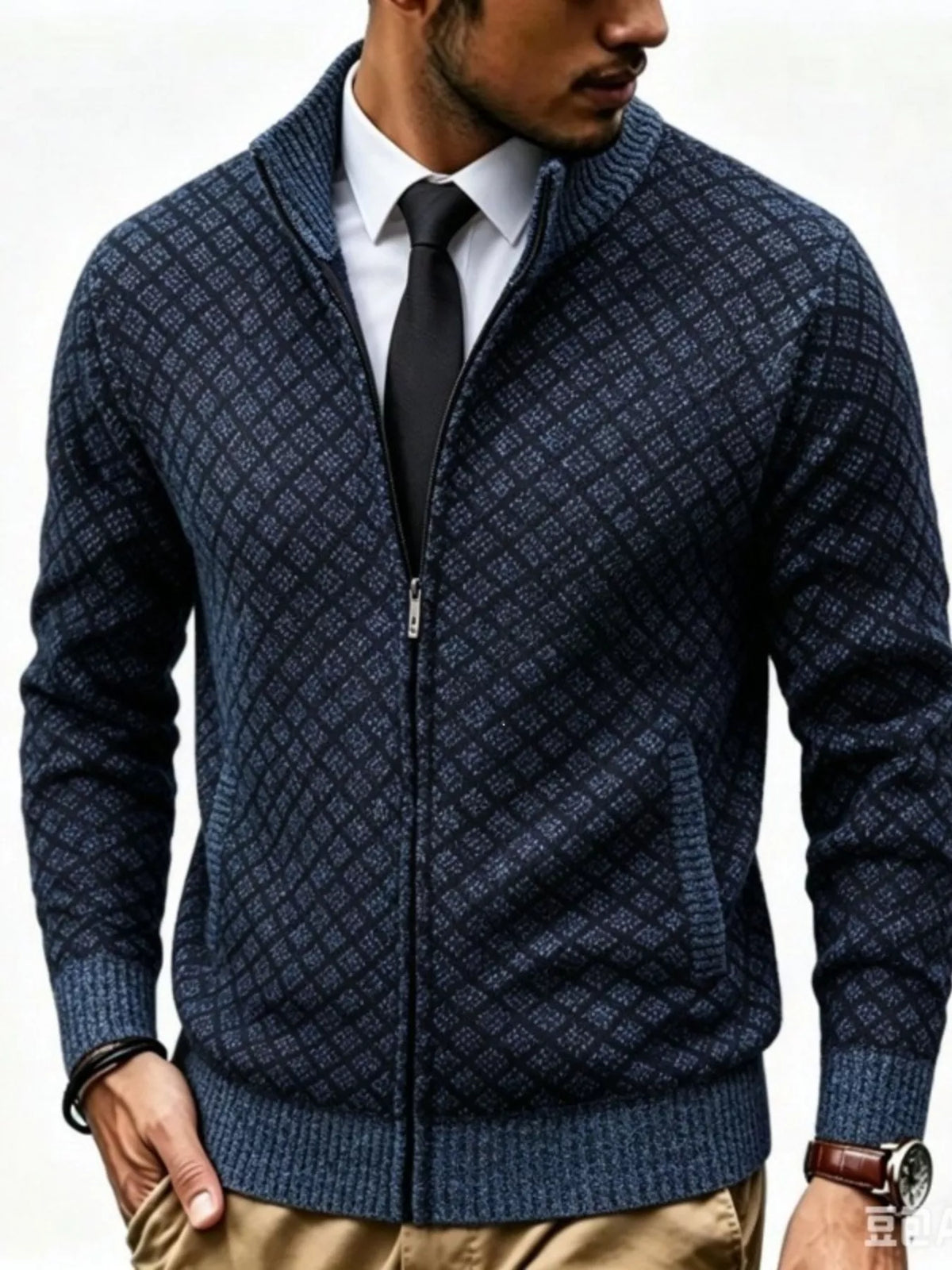 Men's Plus Size Geometric Patterned Full-Zip Cardigan