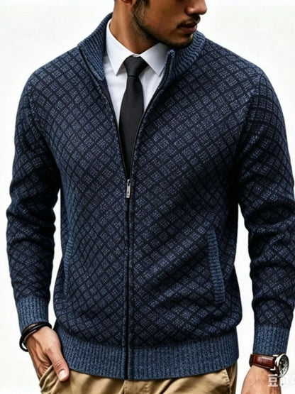 Men's Plus Size Geometric Patterned Full-Zip Cardigan