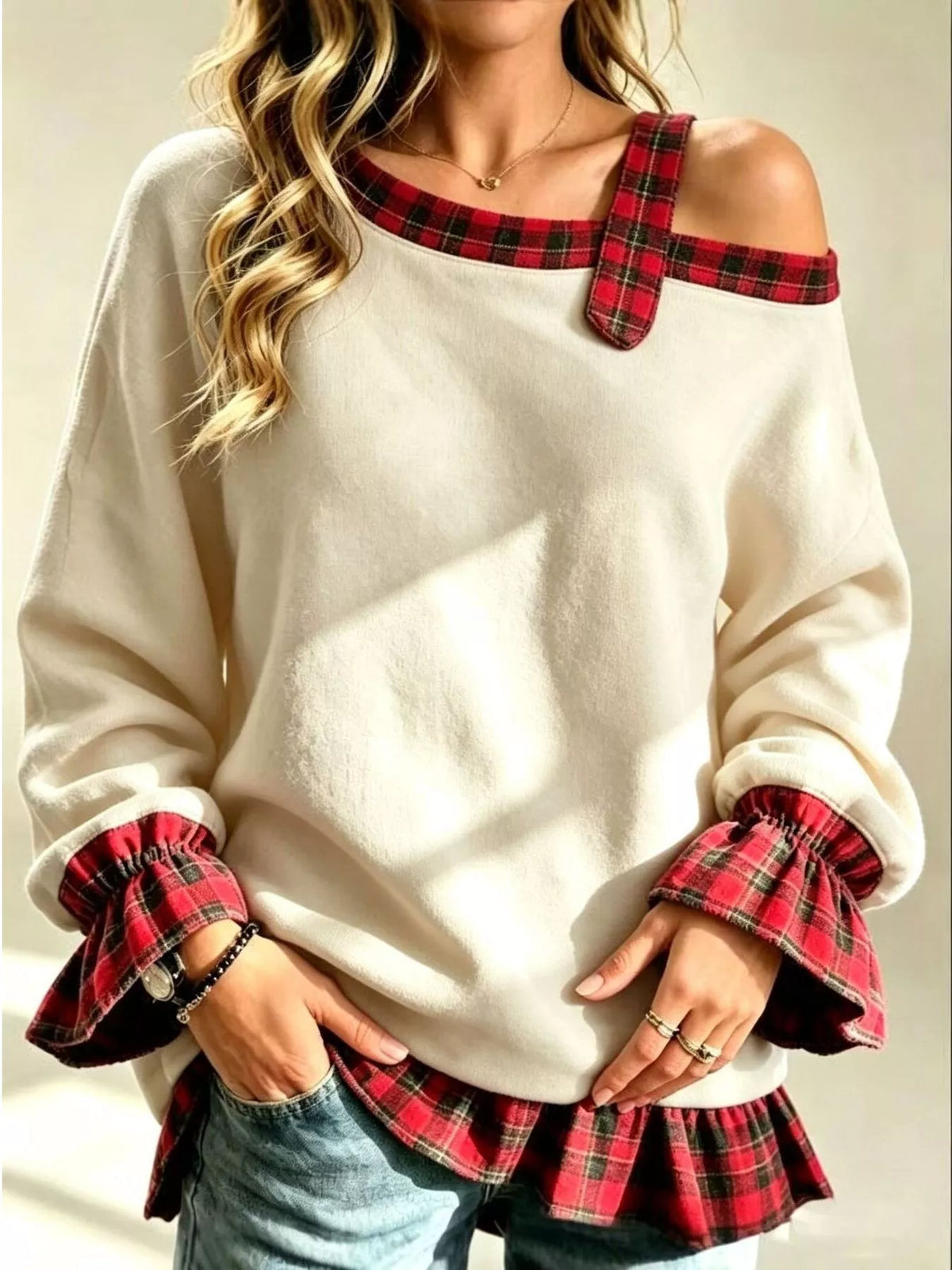 Plus Size Cold-Shoulder Plaid Patchwork Long Sleeve Top