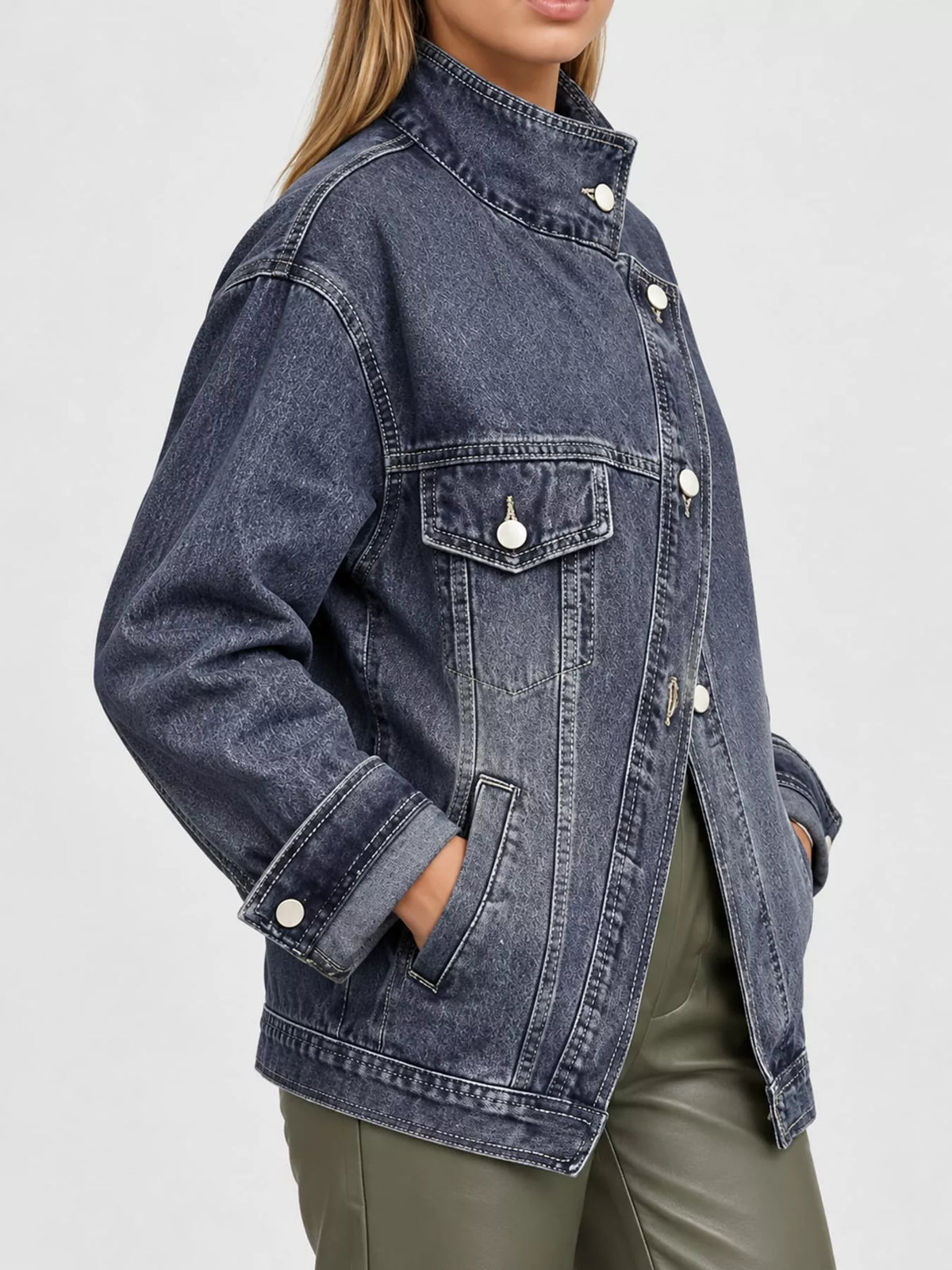 Asymmetric stand collar denim jacket, view 10