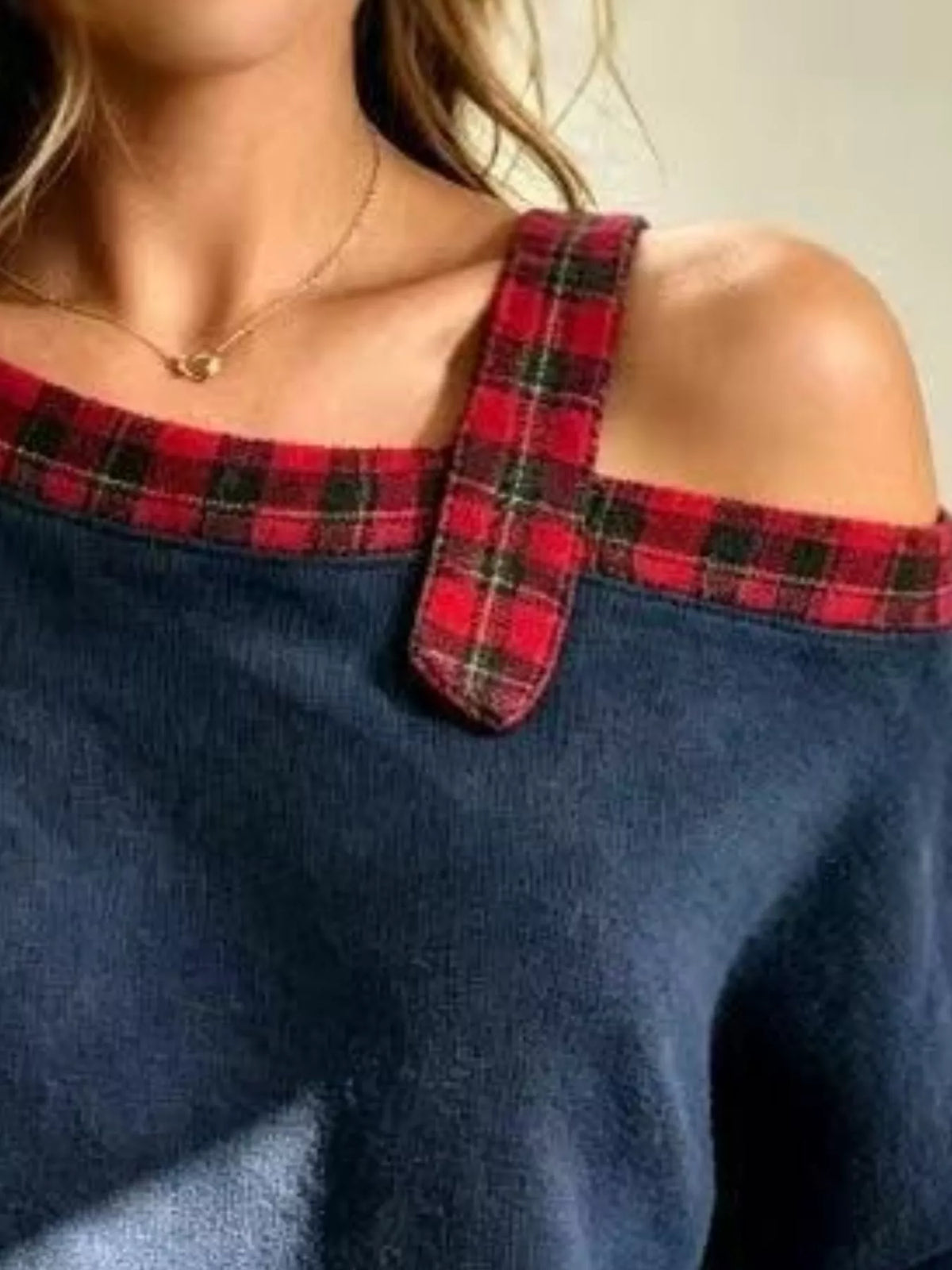 Plus Size Cold-Shoulder Plaid Patchwork Long Sleeve Top