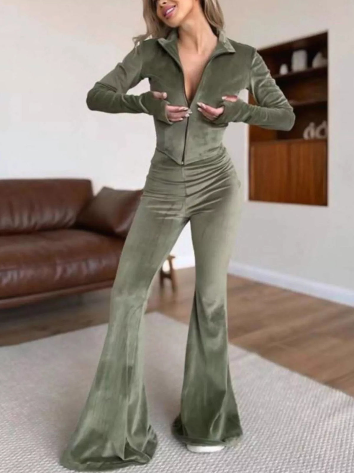 Zip-Up Crop Top and Flared Pants Two-Piece Set