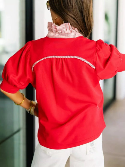 Notched Short Puff Sleeve Blouse