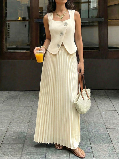 Sleeveless Vest and Pleated Maxi Skirt Set