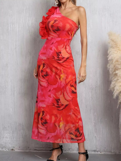 Floral Print One Shoulder Ruffle Trim Dress