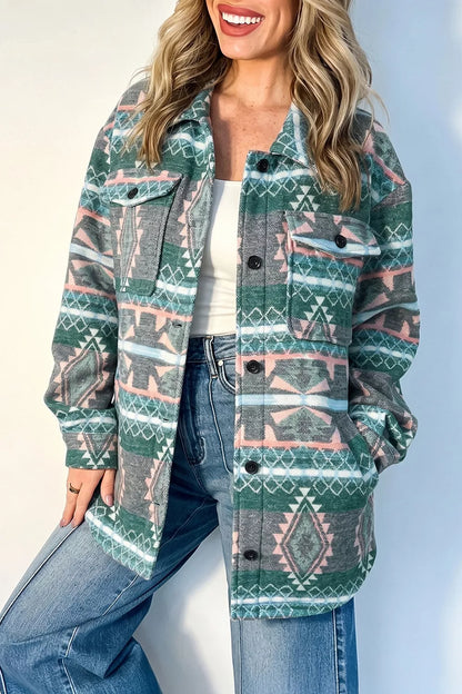 Geometric Print Button Front Long Sleeve Shacket