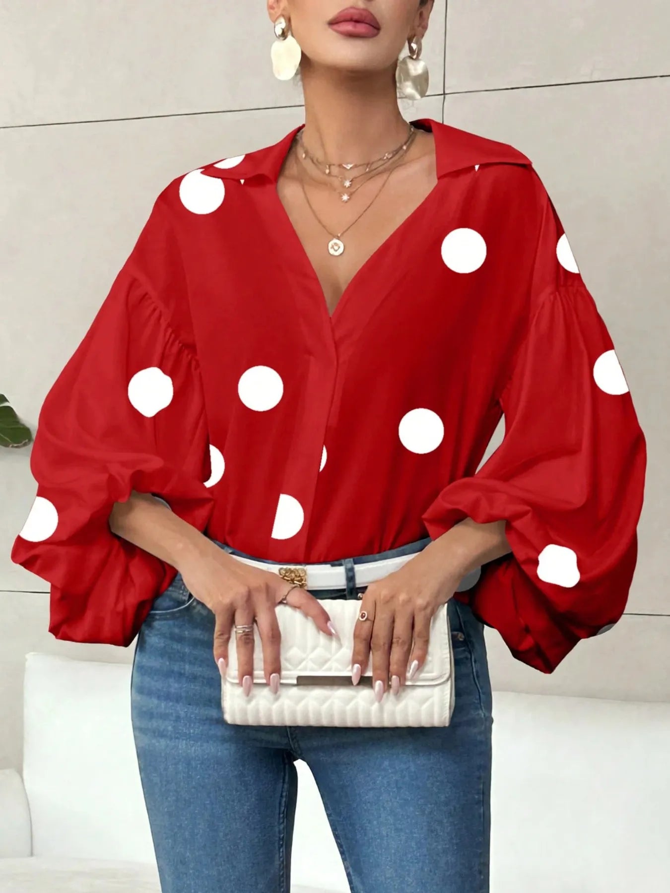 Polka Dot Balloon Sleeve Blouse