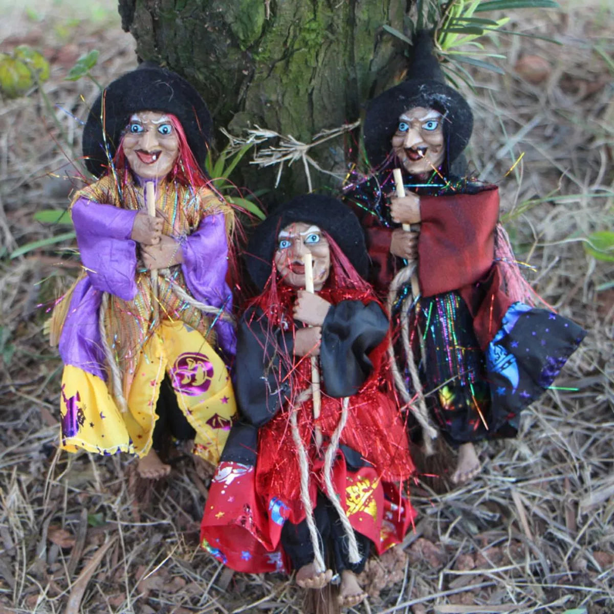 Halloween Decorative Witch Figurines with Broomsticks Set