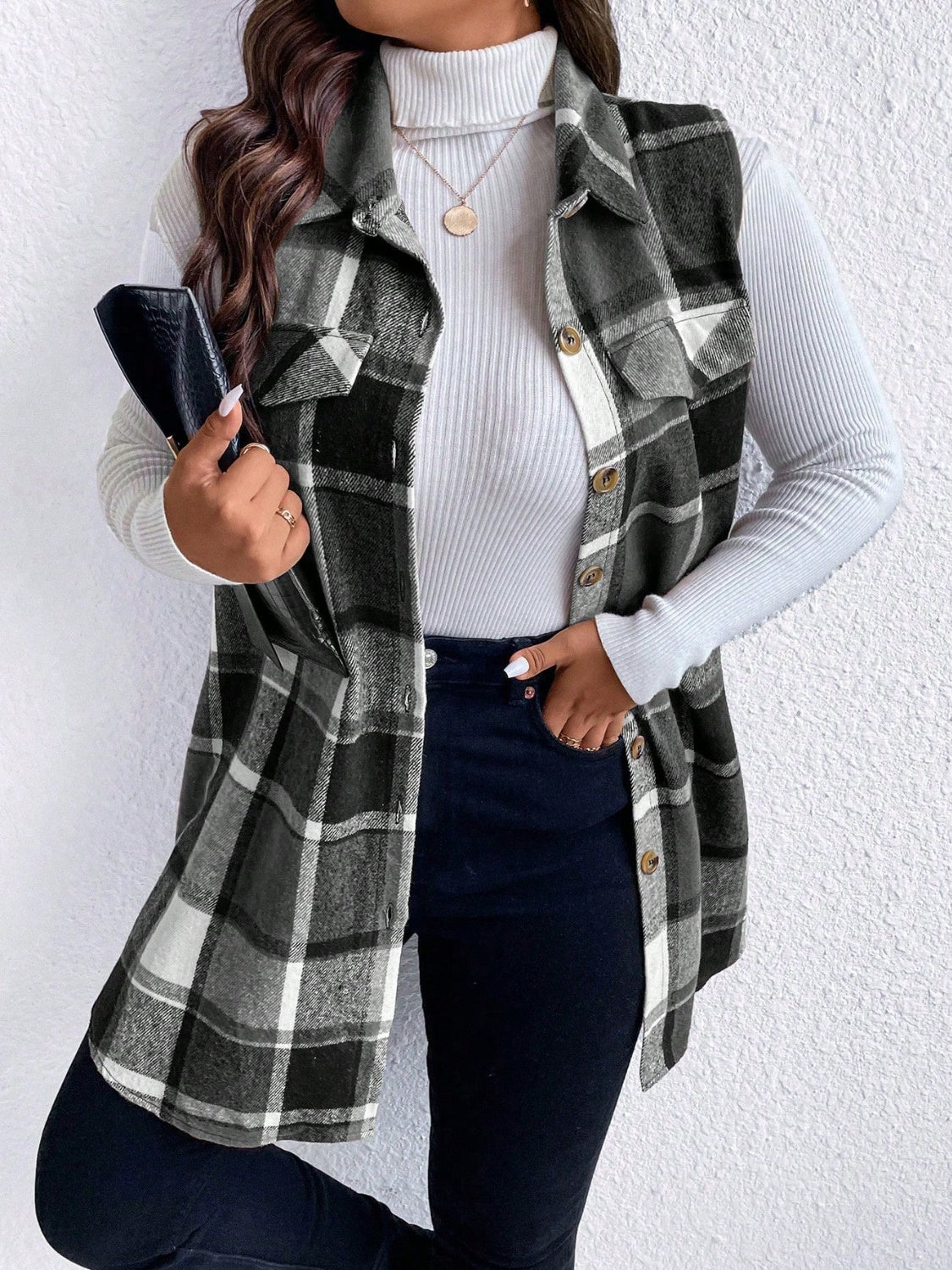 Plus Size Button Up Vest Coat