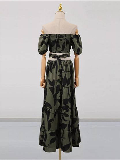 Off-Shoulder Cutout Leaf Print Dress