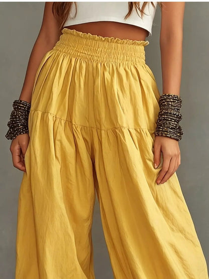Full Size Smocked Ruffle Hem Wide Leg Pants Plus Size