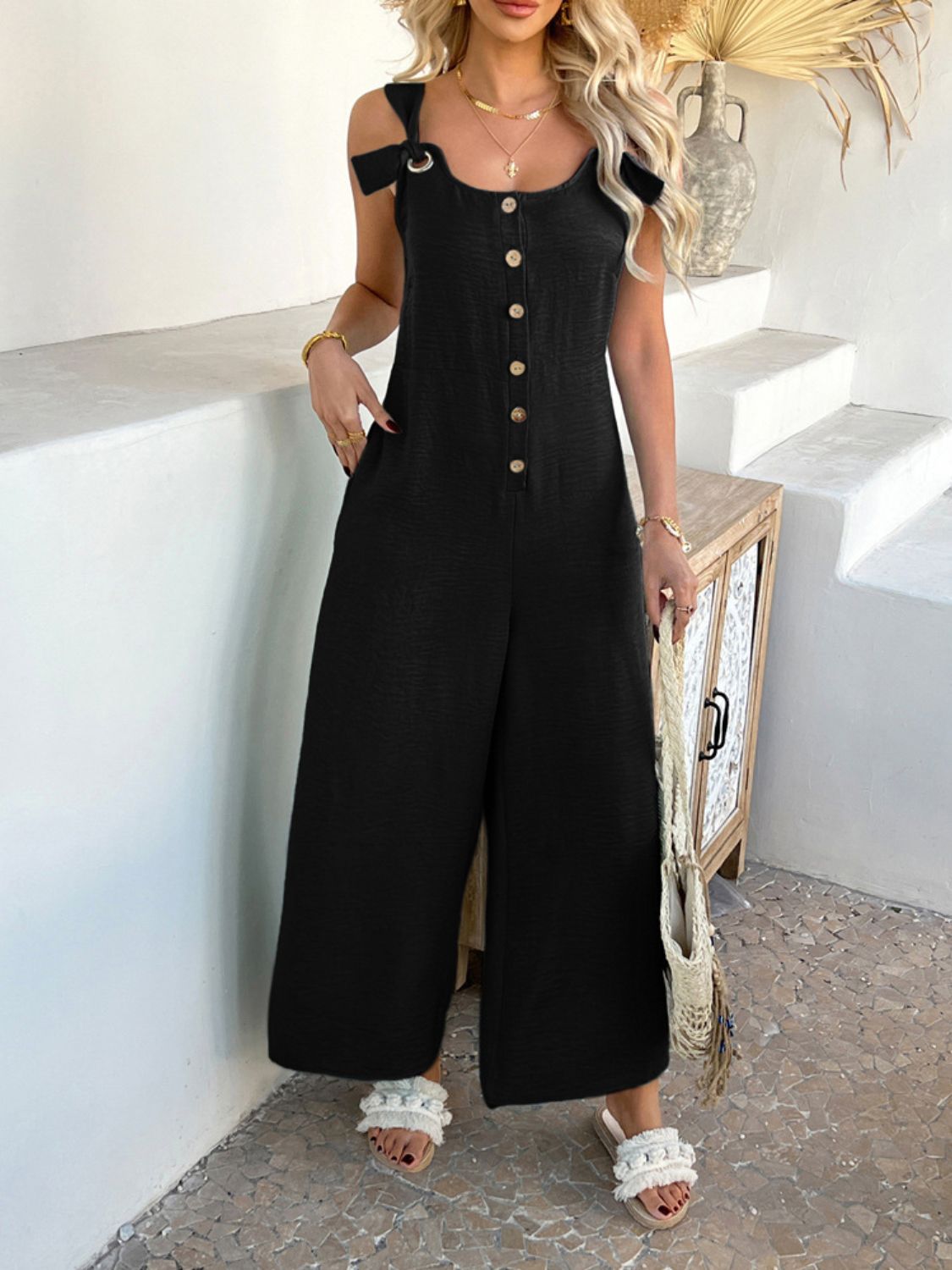 Button Front Wide Leg Jumpsuit