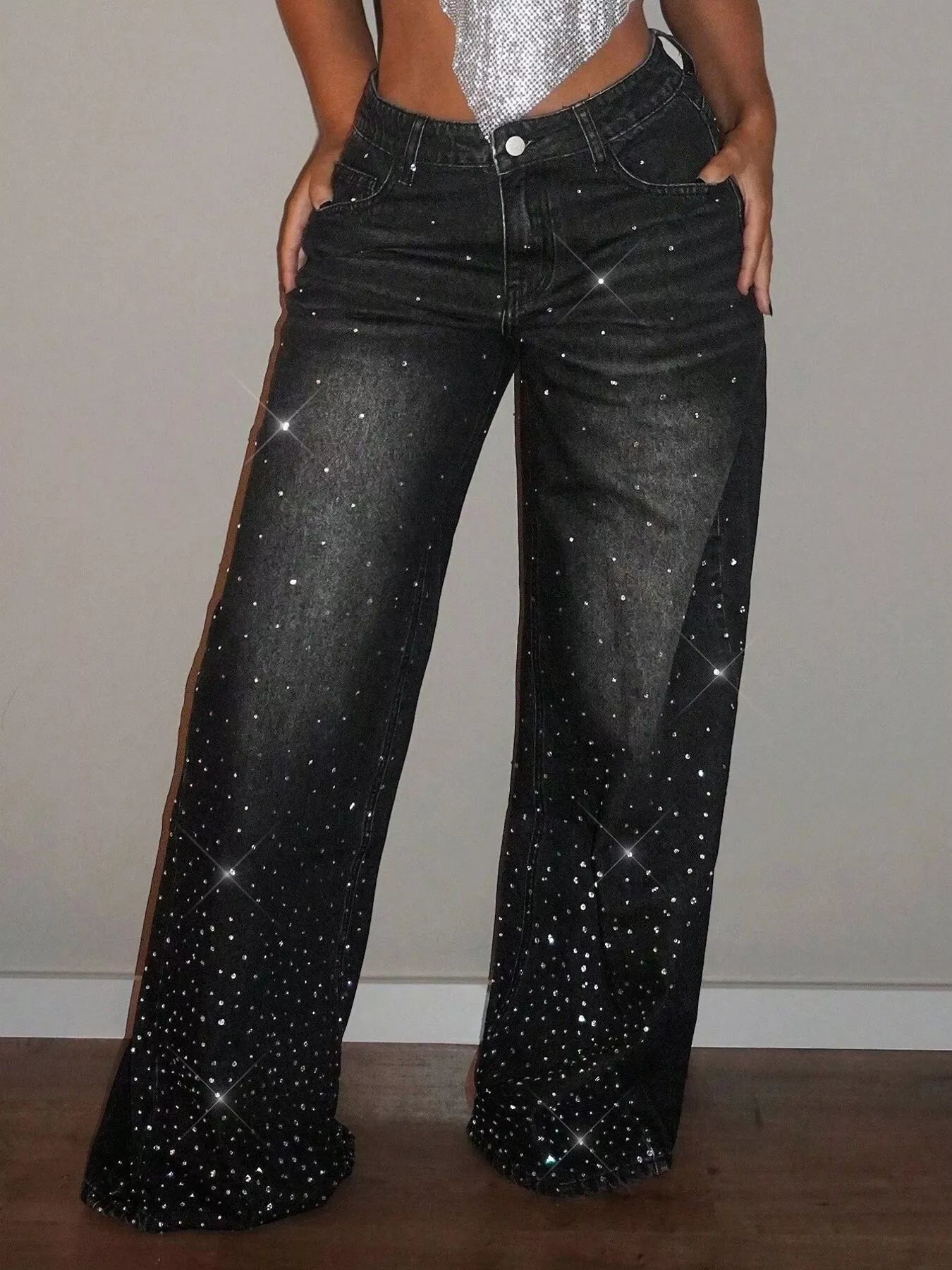 Rhinestone Wide-Leg Jeans