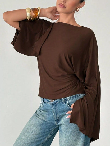 Batwing sleeve boat neck top in brown or black