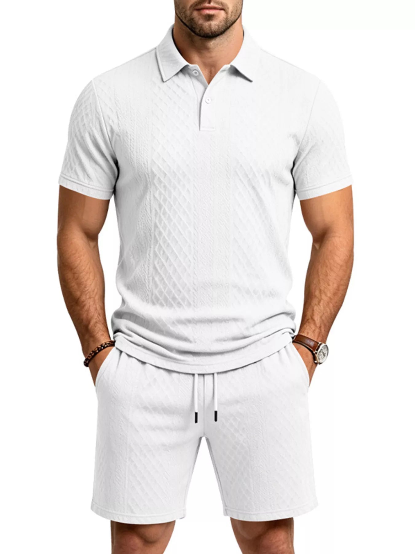 Men's Full Size Textured Short Sleeve Polo and Shorts Set Plus Size