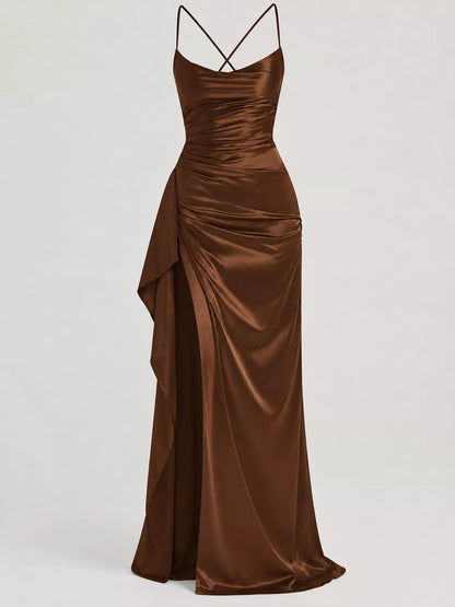 Satin Ruched High-Slit Maxi Dress