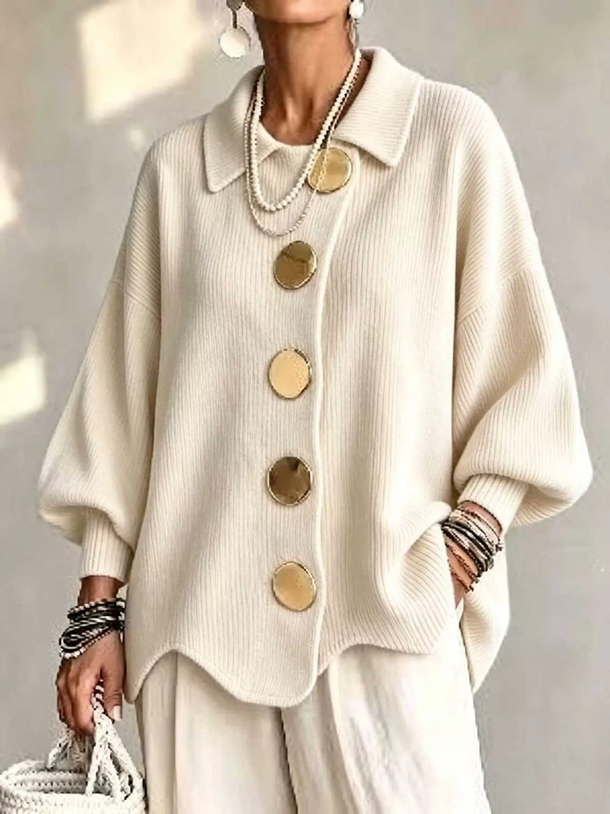 Ribbed knit gold-button cardigan, view 22