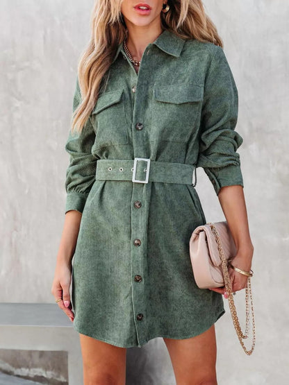 Button Front Belted Corduroy Dress