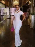 Short sleeved slanted pleated long dress