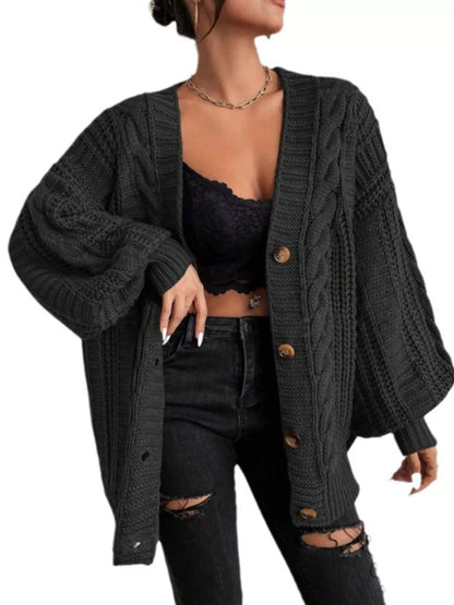 Cable Knit V-Neck Button-Down Cardigan
