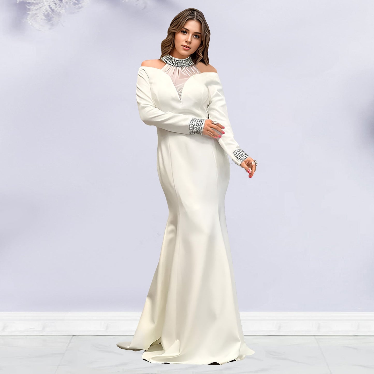 Solid color dress with wrapped arms and rhinestones