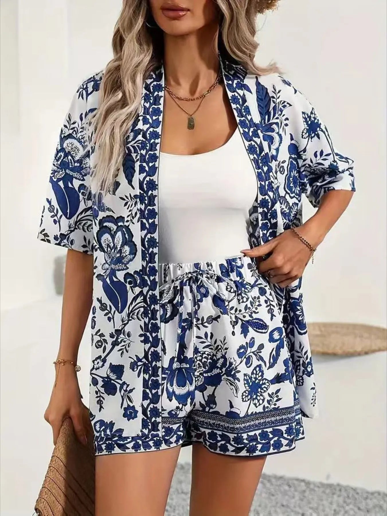 Printed Cardigan and Shorts Set