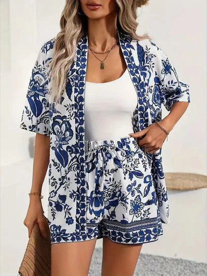 Printed Cardigan and Shorts Set